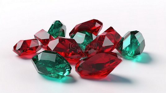 孤立的白色背景迷人的翡翠红水晶 3d 渲染与天然金块和神秘的宝石配饰