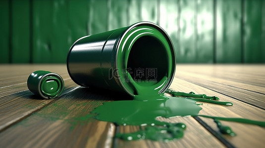 绿色装修背景图片_通过 3D 渲染创建的木地板上房屋轮廓中的绿色油漆从油漆滚筒旁边的罐头流出