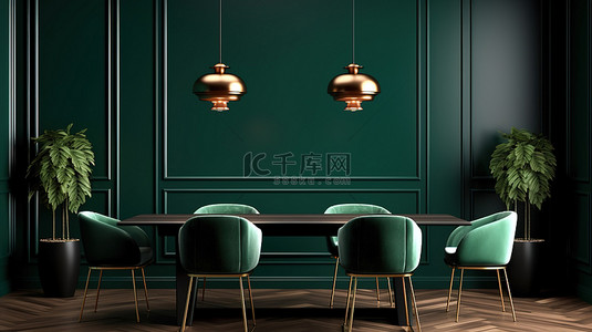 现代工作室餐厅的 3D 插图，配有豪华简约的内饰和绿色椅子