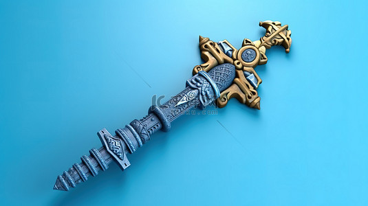 刀剑背景图片_蓝色背景下玩家元素中世纪玩具剑的 3D 插图，具有充足的复制空间