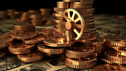 商业齿轮和金钱概念的 3d 渲染
