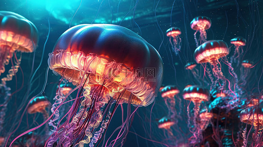 深海背景图背景图片_具有赛博朋克风格的水母，扭曲未来派海管和 3D 技术注入的触手