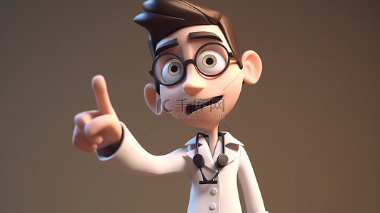 穿着制服和听诊器的卡通医生角色在 3D 渲染中用手指指着摆姿势