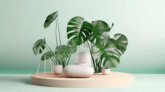 用于展示 Monstera borsigiana 薄荷杂色产品的讲台设计的 3D 渲染