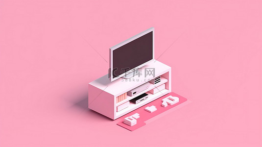 等距风格的平面白色和粉色家居用品，配有单色电视柜和 3D 图标