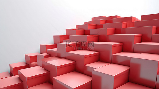 巨大的成功在 3D 渲染中在白色背景上堆积了红色盒子