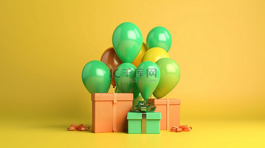 购物装饰背景图片_充满活力的黄色背景，装饰着栩栩如生的珊瑚绿和黄色气球，还有一个带有蝴蝶结的礼品盒，所有这些都以 3D 渲染插图描绘