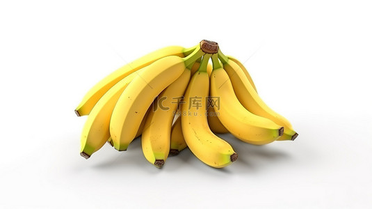 大量阳光亲吻的香蕉在清晰的白色背景下 3D 渲染