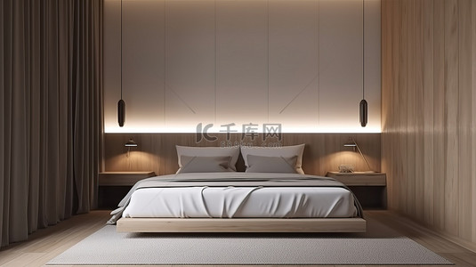 北欧床头灯背景图片_3d 渲染中的极简主义卧室概念，配有双床头灯