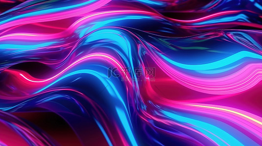 荧光蓝荧光背景图片_以抽象形式呈现粉色和蓝色混沌霓虹灯线的 3D 渲染
