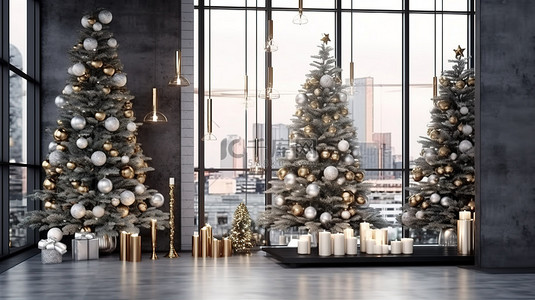 客厅中节日圣诞树和壁炉的 3D 渲染