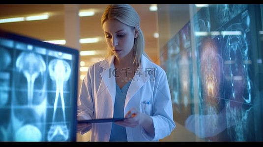 女医生手中的数字平板电脑 3D 合成图像