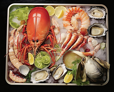 贝类背景图片_盛有各种海鲜食材的托盘