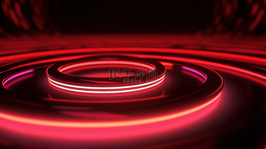 房背景图片_未来高科技背景 3D 霓虹灯圈渲染和抽象红色霓虹灯圈