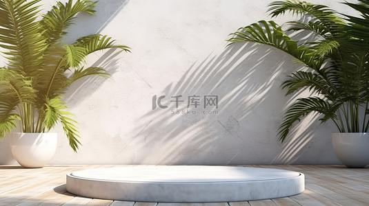 3D 渲染户外场景，有棕榈叶和空的白石讲台