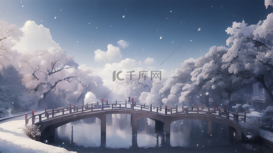 插画云纹背景图片_小桥树林白雪天空云朵