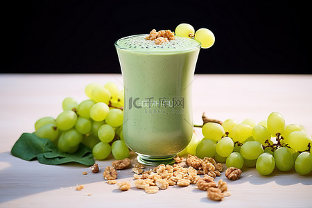 绿色新鲜背景图片_葡萄和格兰诺拉麦片的绿色冰沙