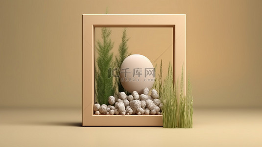 草原美酒背景图片_带草的木框模型的 3D 插图渲染，用于抽象背景下的产品展示