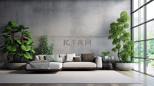 形象墙墙设计背景图片_植物极乐 3D 渲染客厅，采用混凝土墙设计