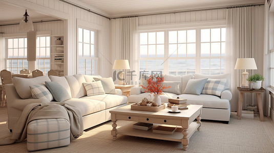 汉普顿风格的沿海客厅，拥有舒适的室内环境 3D 渲染插图