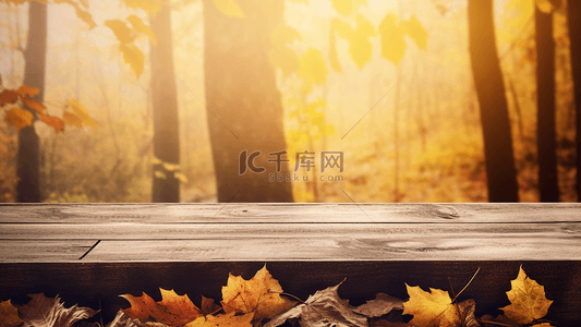 秋季摄影背景图片_秋天落叶木桌摄影广告背景