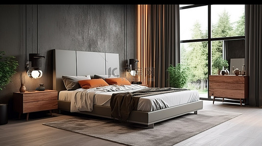 毛绒刺猬背景图片_充满活力的现代卧室配有棕色家具和 3D 描绘的毛绒灰色长毛地毯