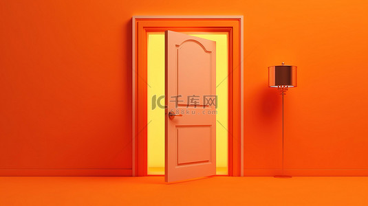 大挑战背景背景图片_橙色背景下明亮的敞开的门 3D 渲染，具有充足的复制空间