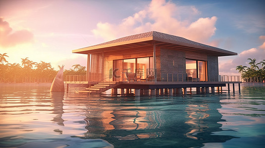 避暑旅游背景图片_令人惊叹的 3D 渲染现代平房度假村，坐落在水面上，非常适合轻松度假，可乘船通行