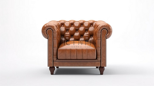 棕色皮革扶手椅的 3D 渲染，散发着奢华的气息，独立放置在白色背景上