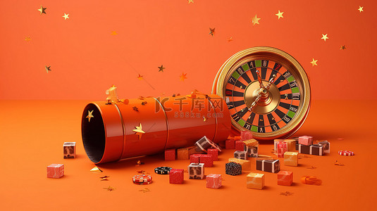 橙色背景中的节日 3d 轮盘赌和老虎机，闪闪发光的星星和礼物