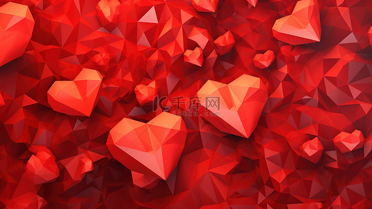 低聚红色背景与浪漫红心的 3d 插图