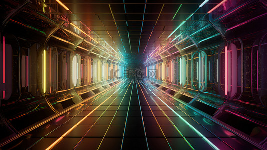 .霓虹背景图片_3d 插图中的彩色光填充隧道