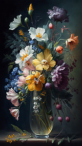 鲜花花瓶油画美丽背景