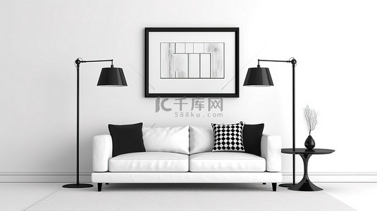 家居背景背景图片_现代白色客厅配有沙发床时尚的灯和数字渲染的简约相框