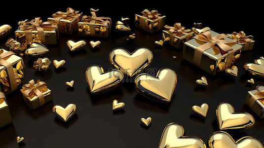 巧克力情人节背景图片_3d 渲染中闪闪发光的金心和礼物的自上而下视图