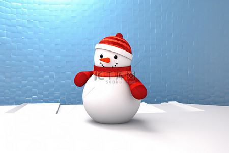 一个戴着红色帽子穿着蓝色雪人服装的三维雪人