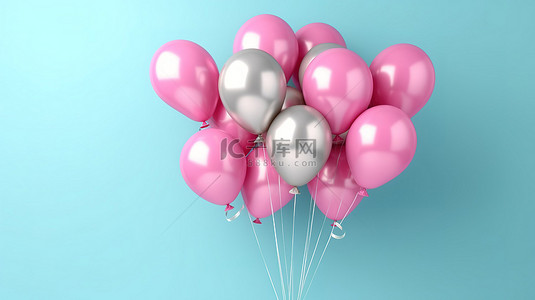一群充满活力的粉红色气球反对蓝色墙壁水平横幅设计以 3D 渲染
