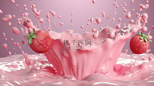 粉红色调背景图片_涟漪的 3D 渲染使草莓奶滴溅上粉红色调