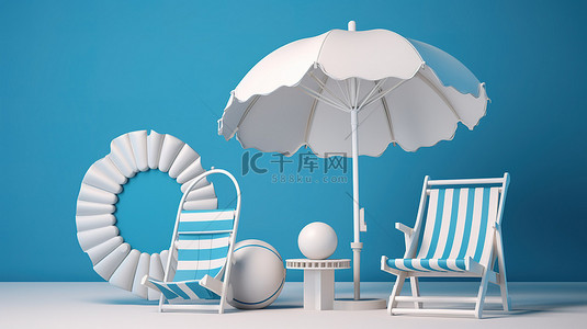 白色和蓝色躺椅伞救生圈和沙滩球在宁静的蓝色背景上以惊人的 3d 渲染