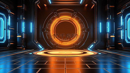 综合门户背景图片_未来派 HUD UI 电源讲台舞台 3D 插图与抽象科幻背景