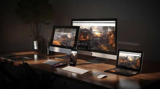 手压桌面背景图片_3d 渲染中的桌面设备以及屏幕上的响应式网站主页