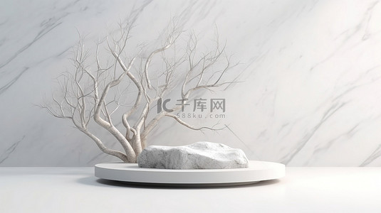 现代 3D 插图中白色沙子背景下的光滑大理石讲台和冬季白色树枝