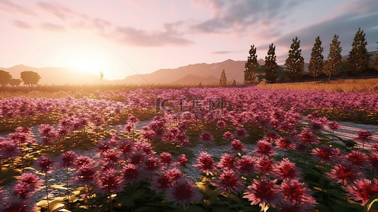 傍晚的阳光照亮了乡村 3D 渲染景观中充满活力的花卉种植园