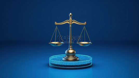 蓝色背景上印有法律内容的天秤座符号的 3D 渲染