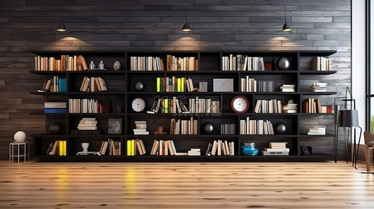 教室书架背景图片_黑色现代书架的 3D 渲染，配有木镶木地板，适合现代图书馆设计