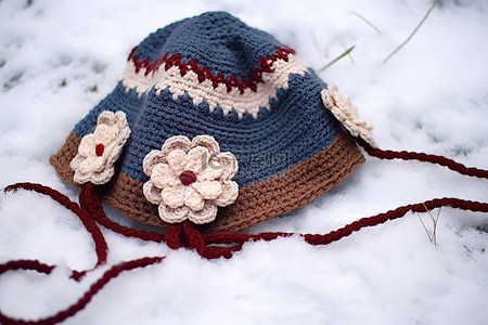 雪中​​的一顶帽子，帽子上有花