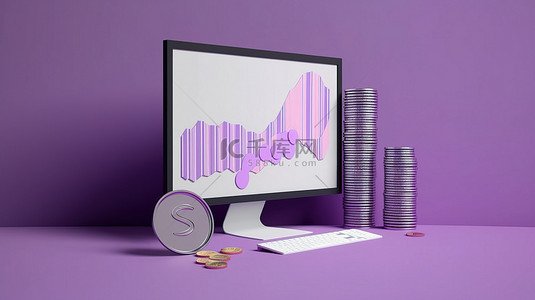 最小的设计概念紫色柔和的背景与 3D 渲染的显示器屏幕显示图形硬币文档和书本笔记