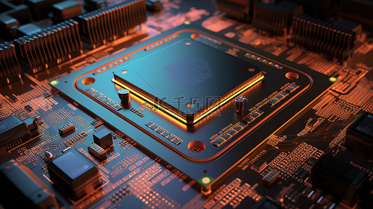 描绘电子行业概念的 3D 插图中计算机 CPU 芯片的特写视图