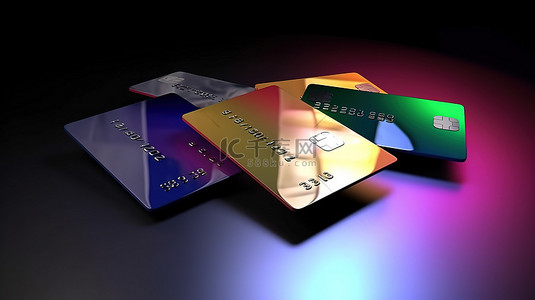 无现金社会的概念 3d 手持三张不同的信用卡用于卡支付和接受