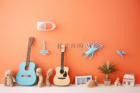 假期图片背景图片_橙色的墙，上面有椰子图片和吉他